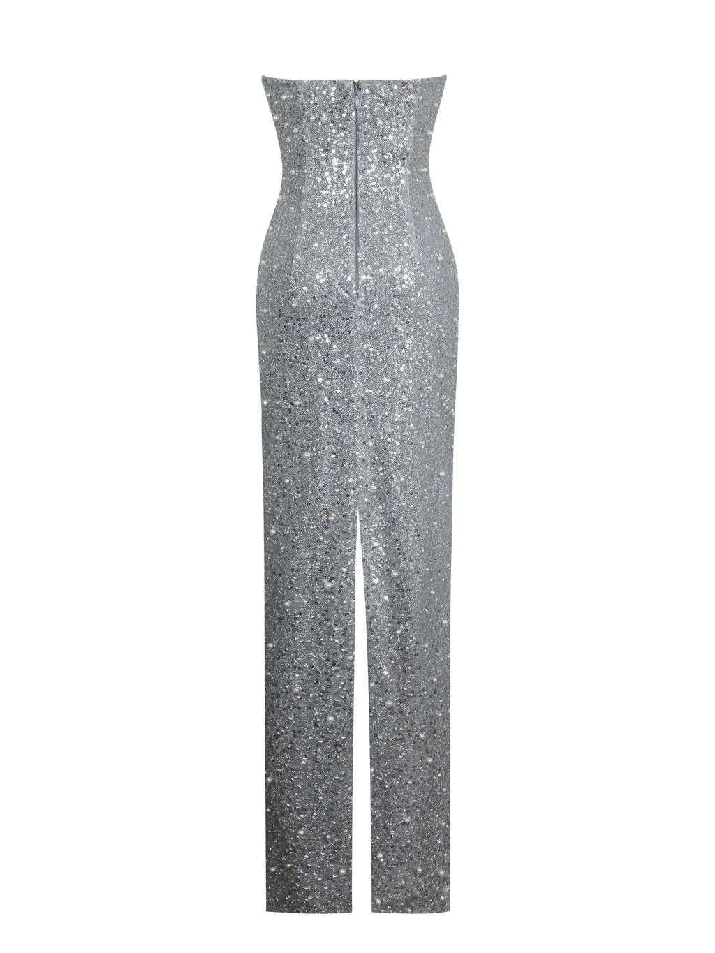 Noelle Silver Sequin Pearl Embellished Sweetheart Maxi Dress