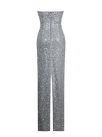 Noelle Silver Sequin Pearl Embellished Sweetheart Maxi Dress