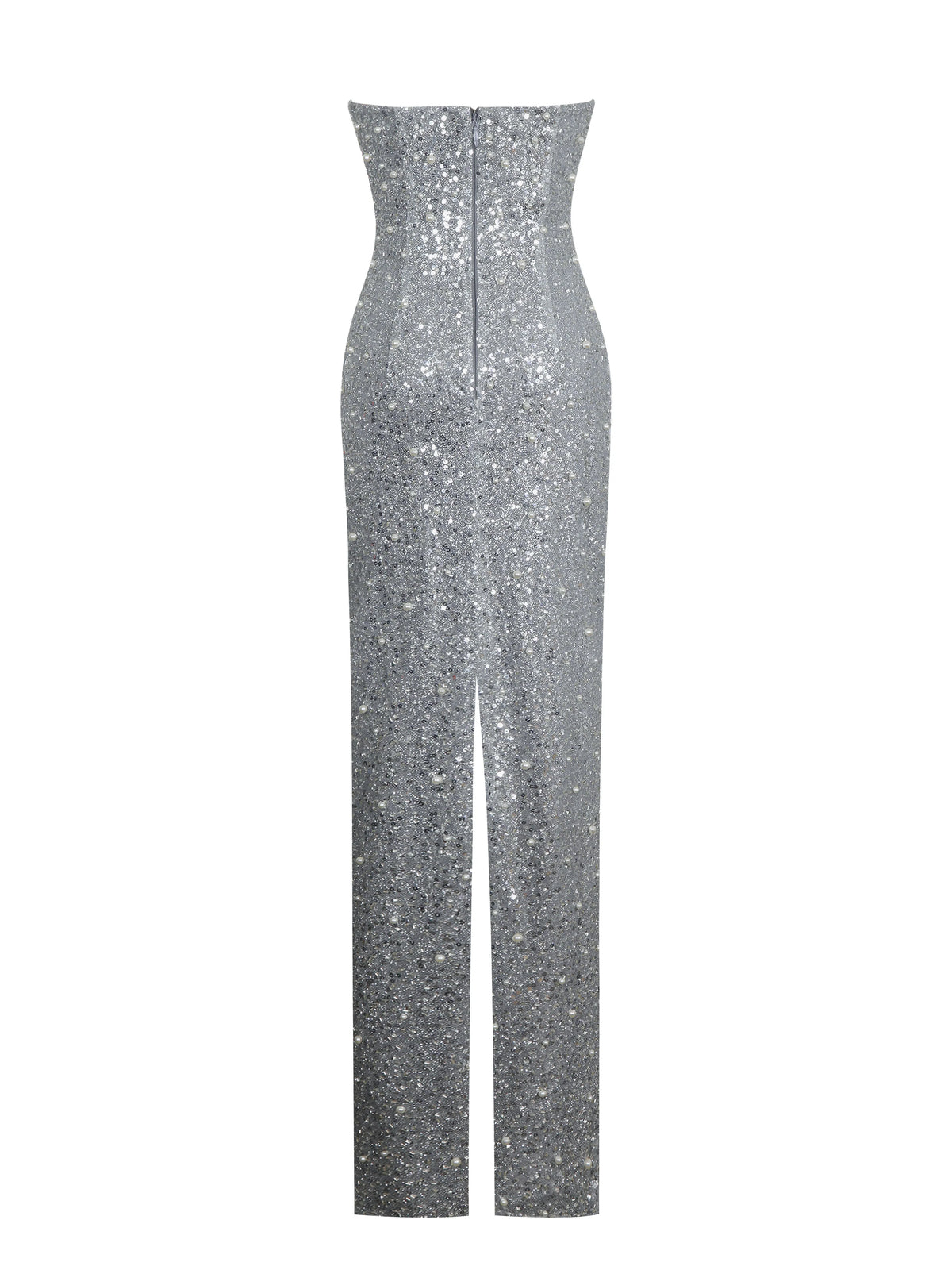 Noelle Silver Sequin Pearl Embellished Sweetheart Maxi Dress