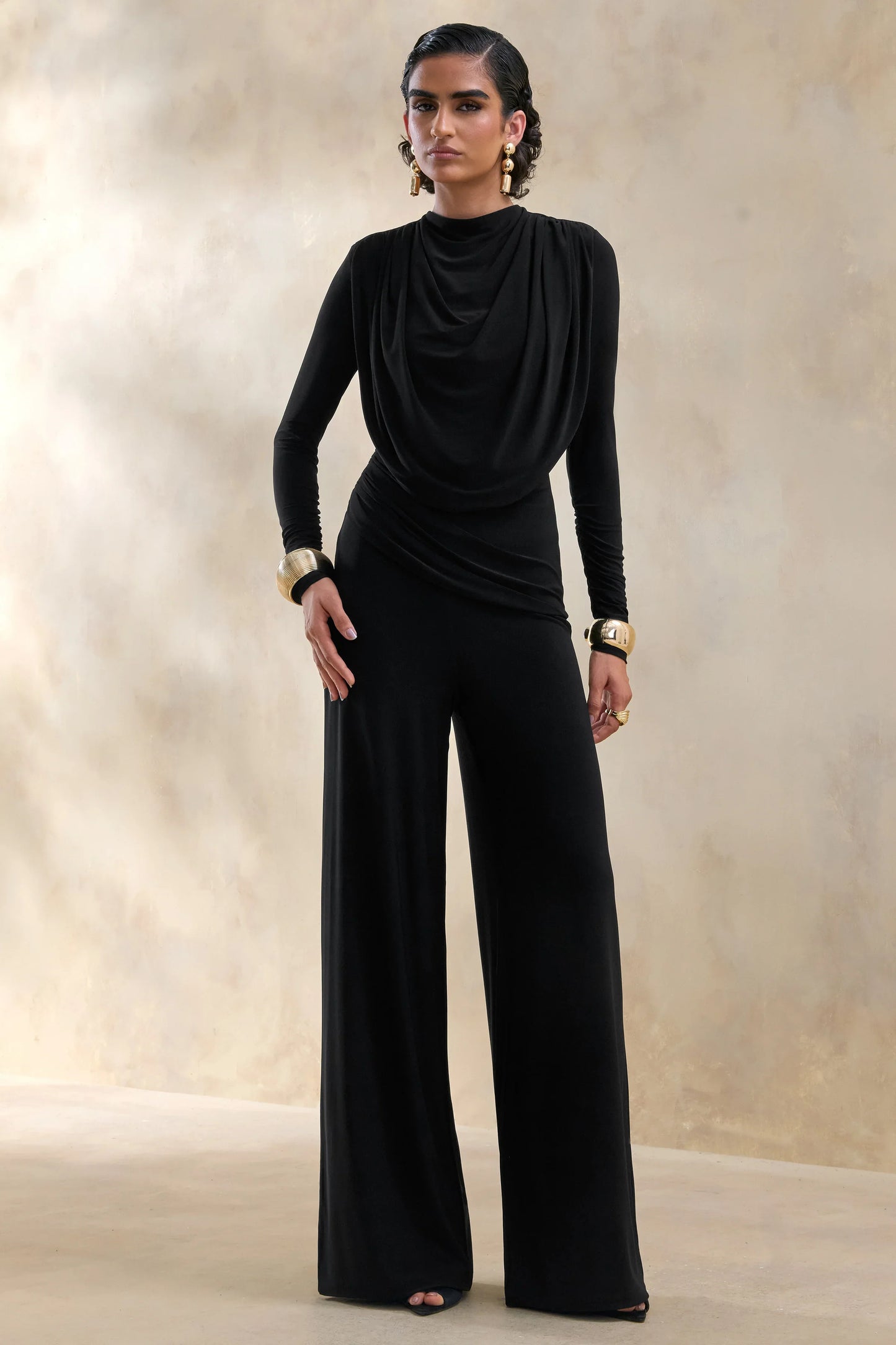 Raniella Black High Neck Top With Gathered And Draped Detailing