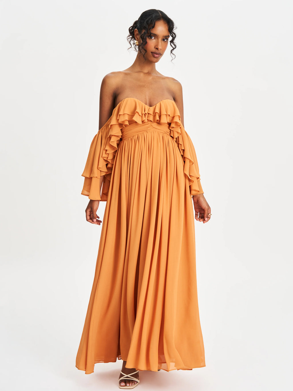 Kaela Brickwork Off Shoulder Chiffon Maxi Dress