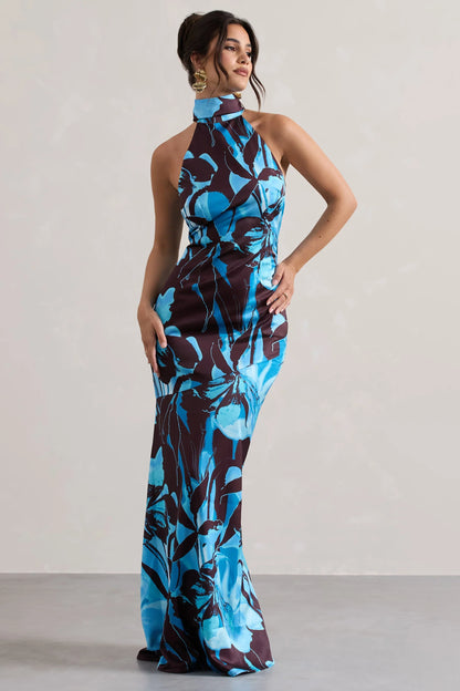 Adoria Floral Print Satin High Neck Maxi Dress