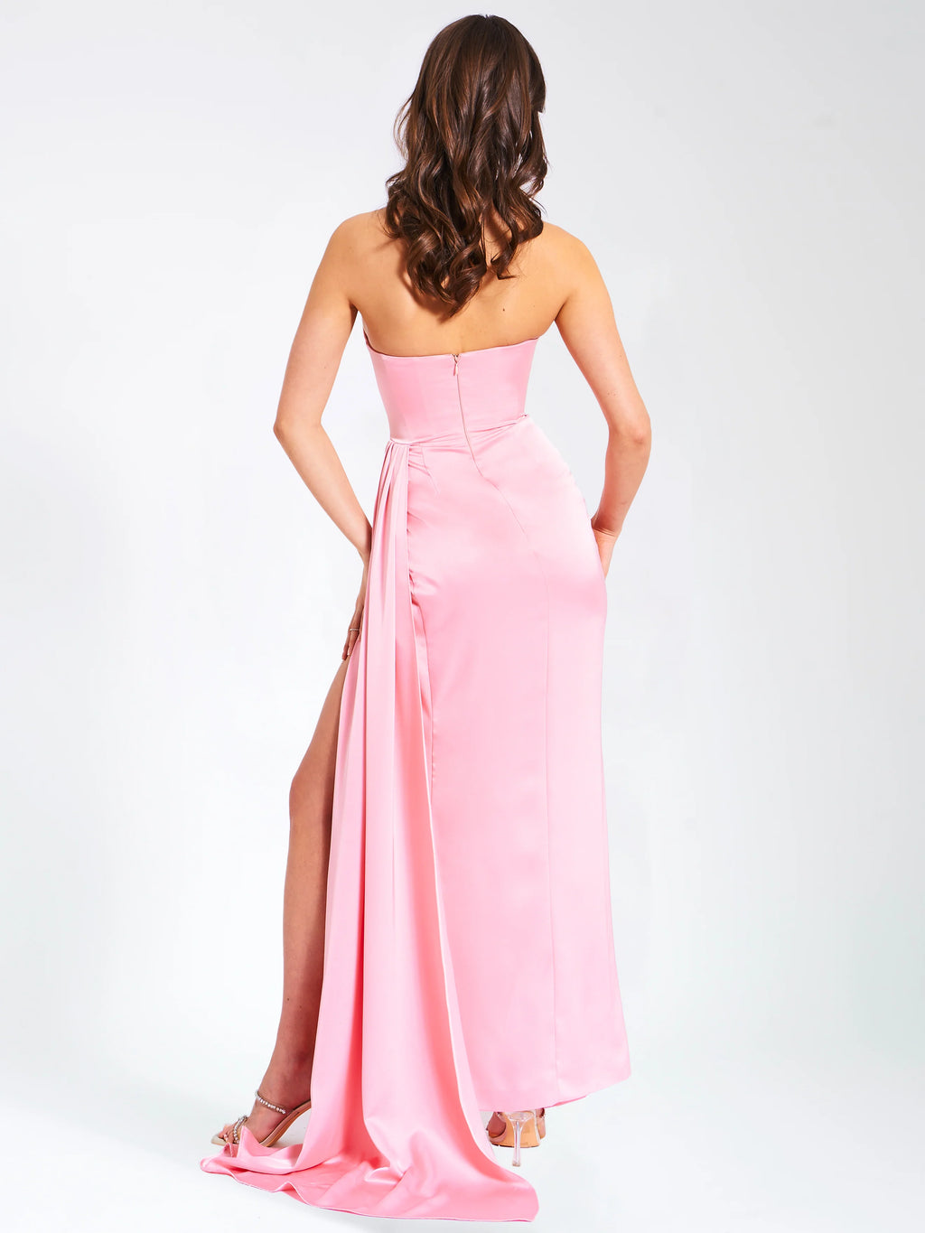 Marilyn Pink Satin Crystal Embellished High Slit Gown Archive Sale