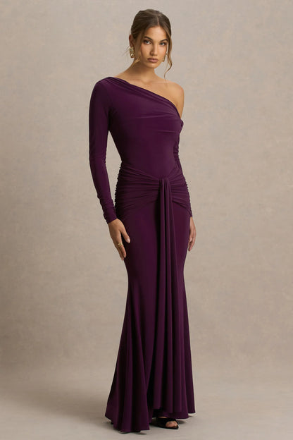Clover Burgundy Asymmetric Neck Wrapped Maxi Dress With Sash