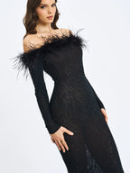 Emberly Black Fur Trimmed Off Shoulder Rhinestone Mermaid Maxi Dress