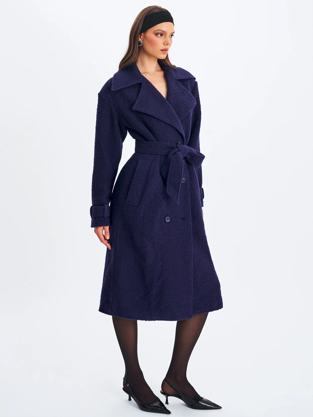Jaelyn Midnight Blue Wool Blend Double Breasted Belted Coat