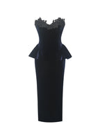 Pascha Black Lace Appliqué Strapless Peplum Midi Dress