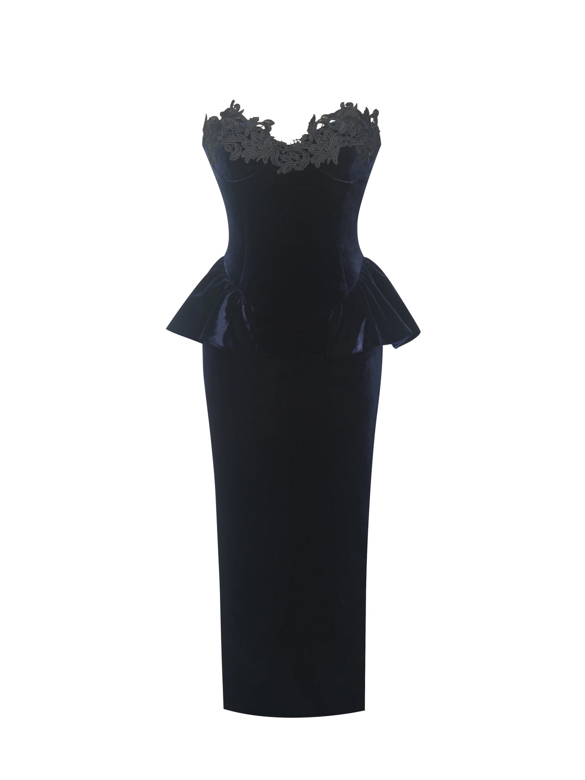 Pascha Black Lace Appliqué Strapless Peplum Midi Dress