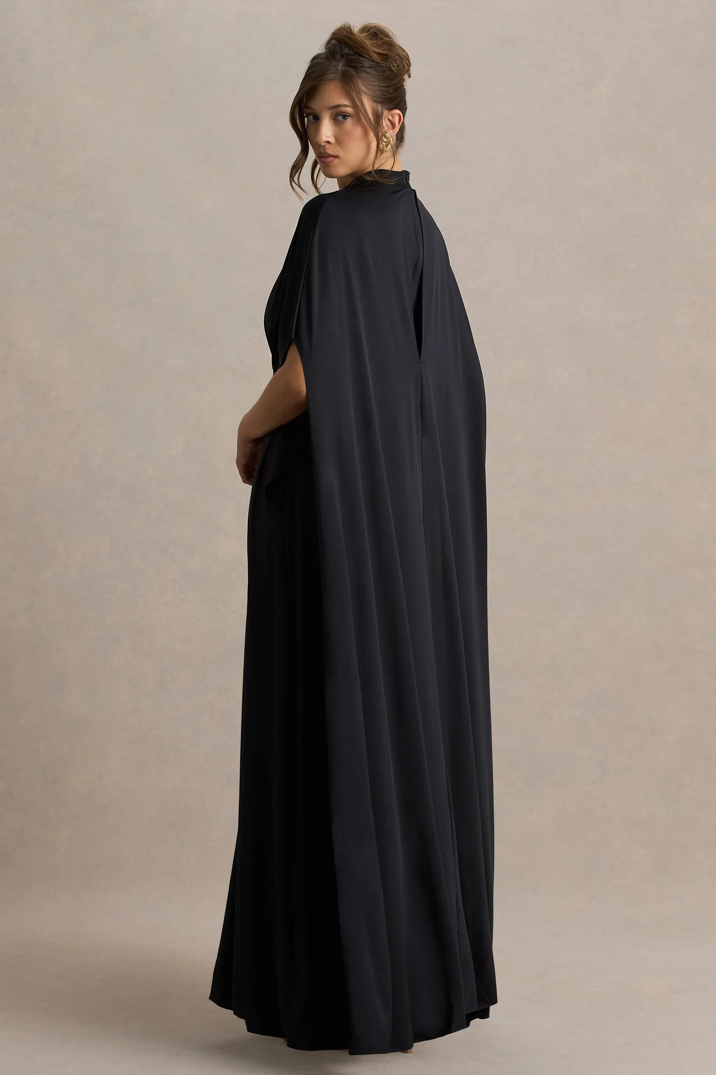Olessia Black Belted Gathered Cape Sleeve Maxi Dress