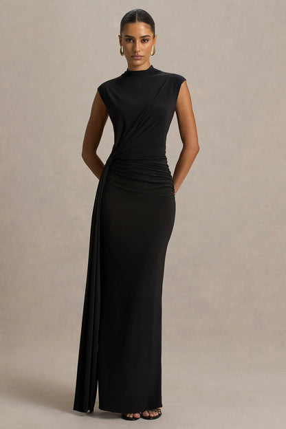 Solene Black High Neck Maxi Dress With Wrap And Drape Detail