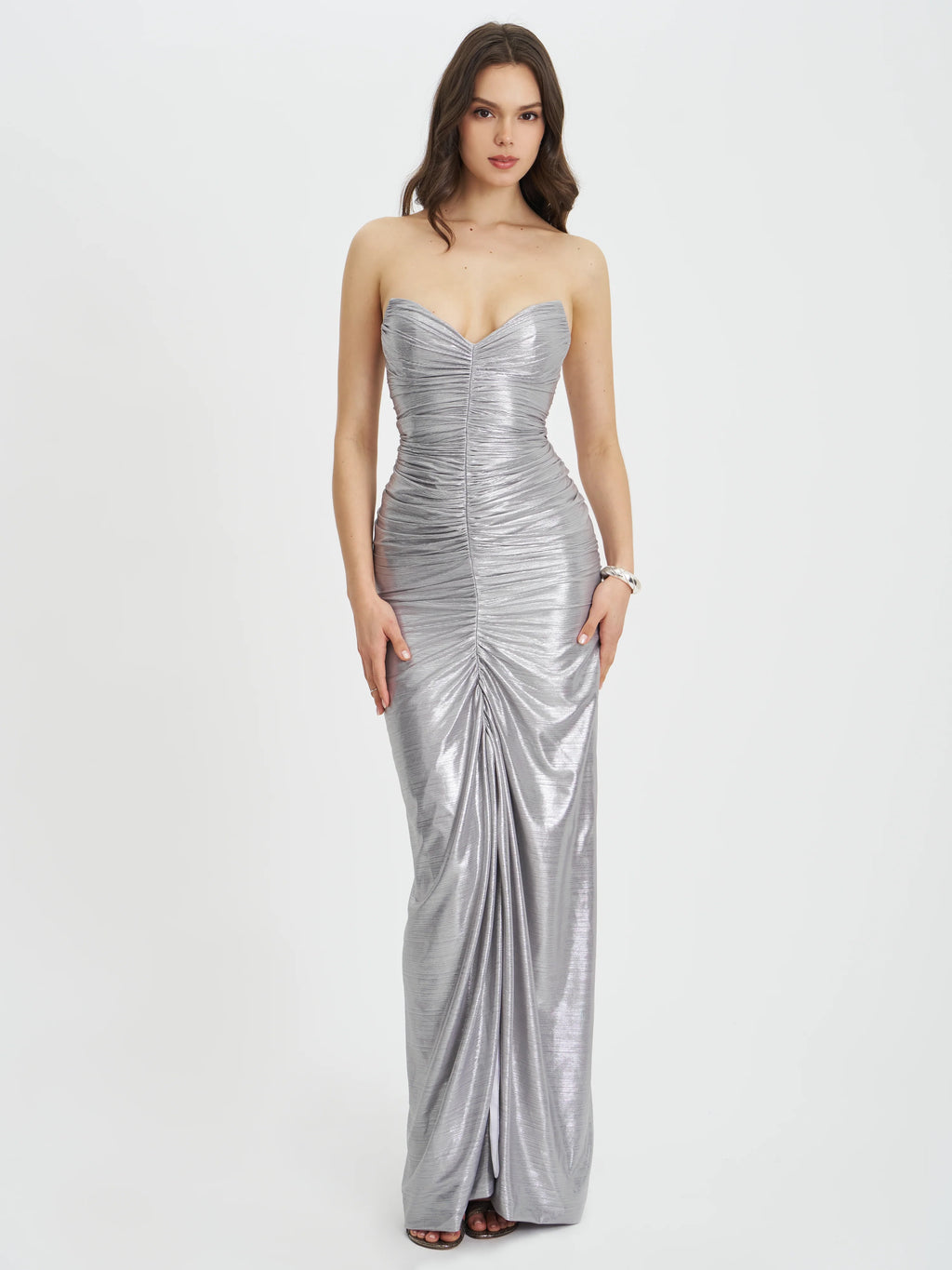 Sable Ruched Silver Glitter Mermaid Gown