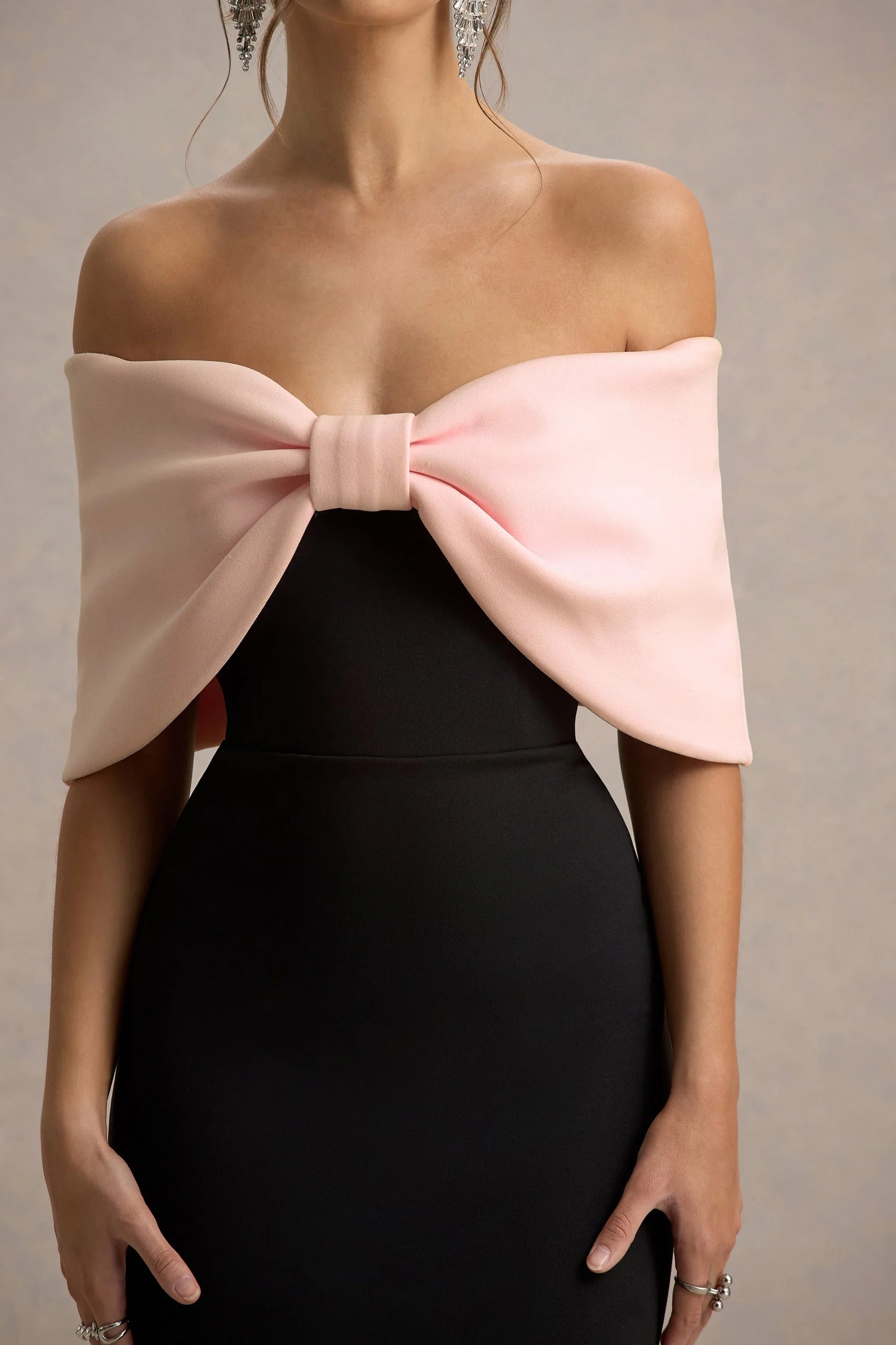 Sadie Black Pink Bow Bardot Mini Dress