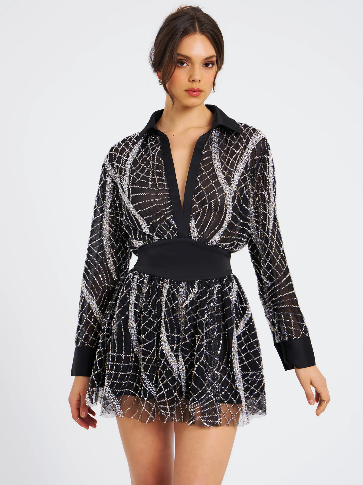 Rachelle Black Embroidered Mesh Mini Shirt Dress Archive Sale