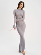 Waylynn Gray Animal Print Burnout Velvet Detail Mesh Backless Maxi Dress