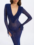 Ilyse Navy V Neck Plunge Animal Print Mermaid Hem Maxi Dress