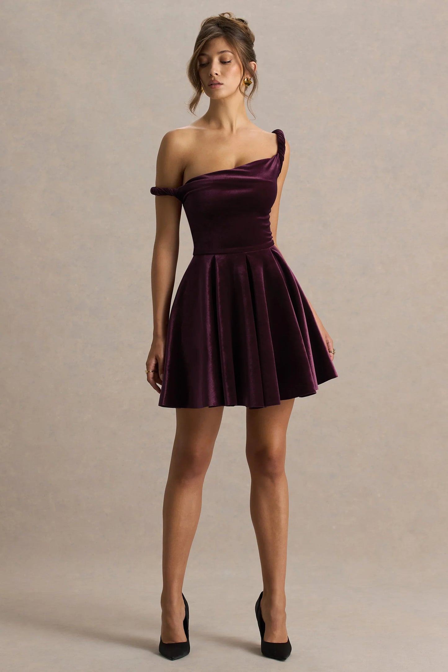 Leticia Burgundy Velvet Asymmetric Neck Velvet Mini Dress With Twist Sleeve