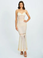Pallas Beige Lace Trim Crochet Mermaid Maxi Dress