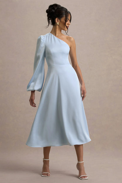 Haila Powder Blue Satin One Shoulder Midi Dress