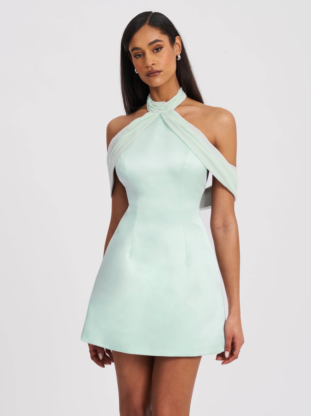 Zafrina Light Cyan Halter Off shoulder Backless Mini Dress