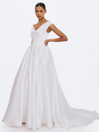 Unna White Satin Bardot Cowl Wedding Gown