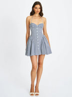 Melody Navy Blue Cotton Poplin Stripe Halter Drop Waist Mini Dress