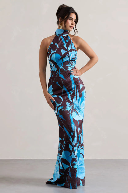 Adoria Floral Print Satin High Neck Maxi Dress
