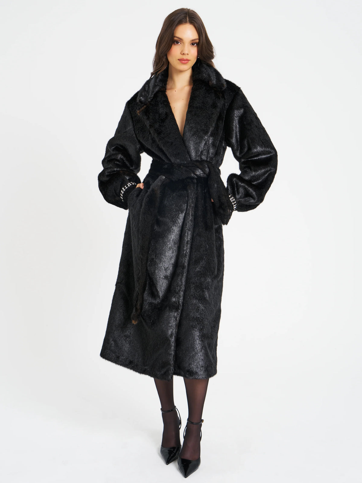 Yahia Black Vegan Long Faux Mink Coat Archive Sale
