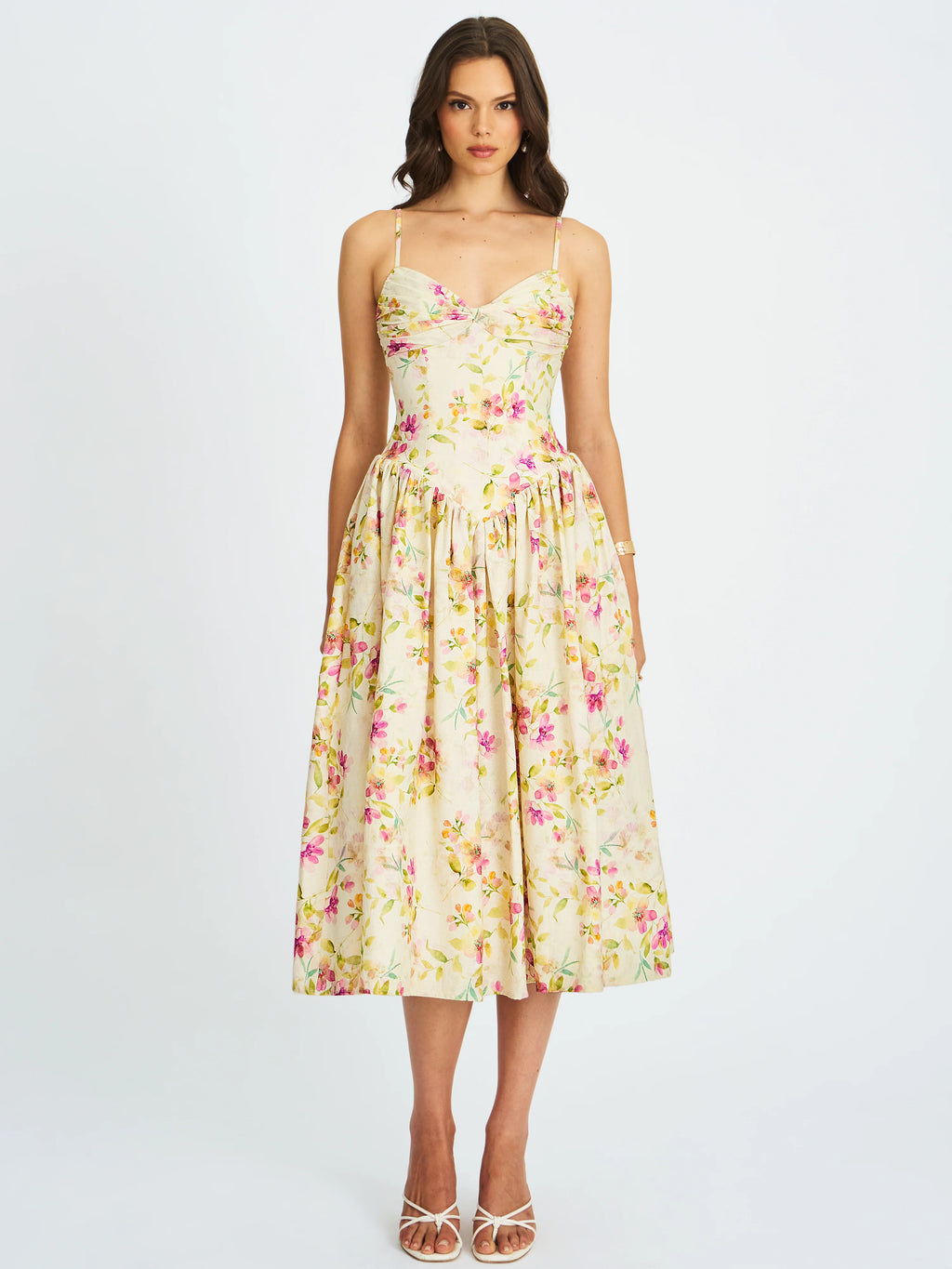 Jacinda Yellow Floral Print Linen Midi Dress