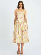 Jacinda Yellow Floral Print Linen Midi Dress