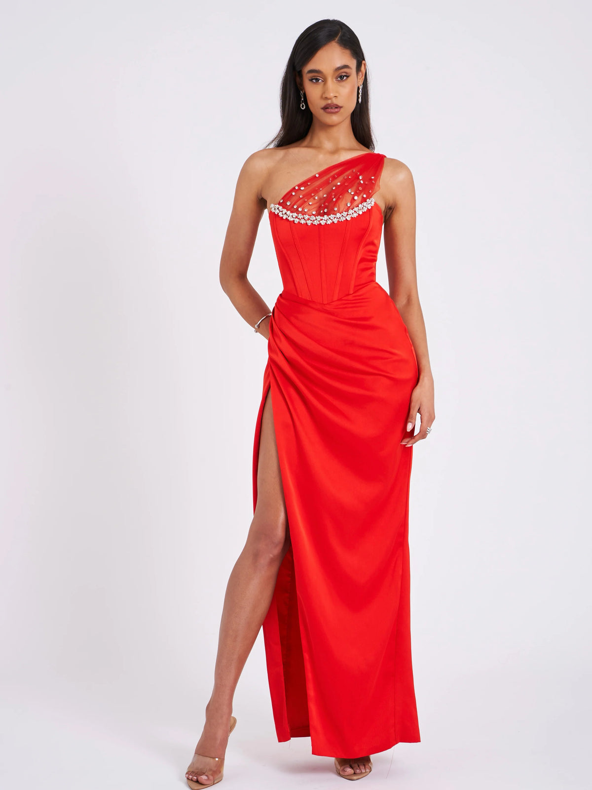 Lora Scarlet Crystal Embellished Mesh Satin Corset Gown Archive Sale