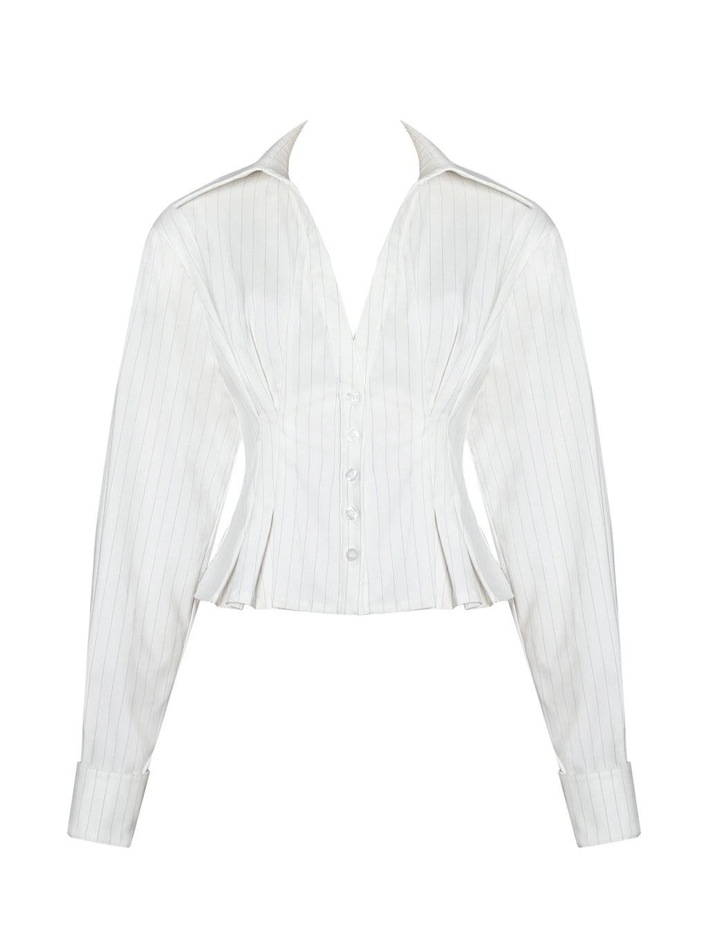 Sylvia White Pinstripe Deep V Pleated Shirt