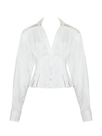 Sylvia White Pinstripe Deep V Pleated Shirt