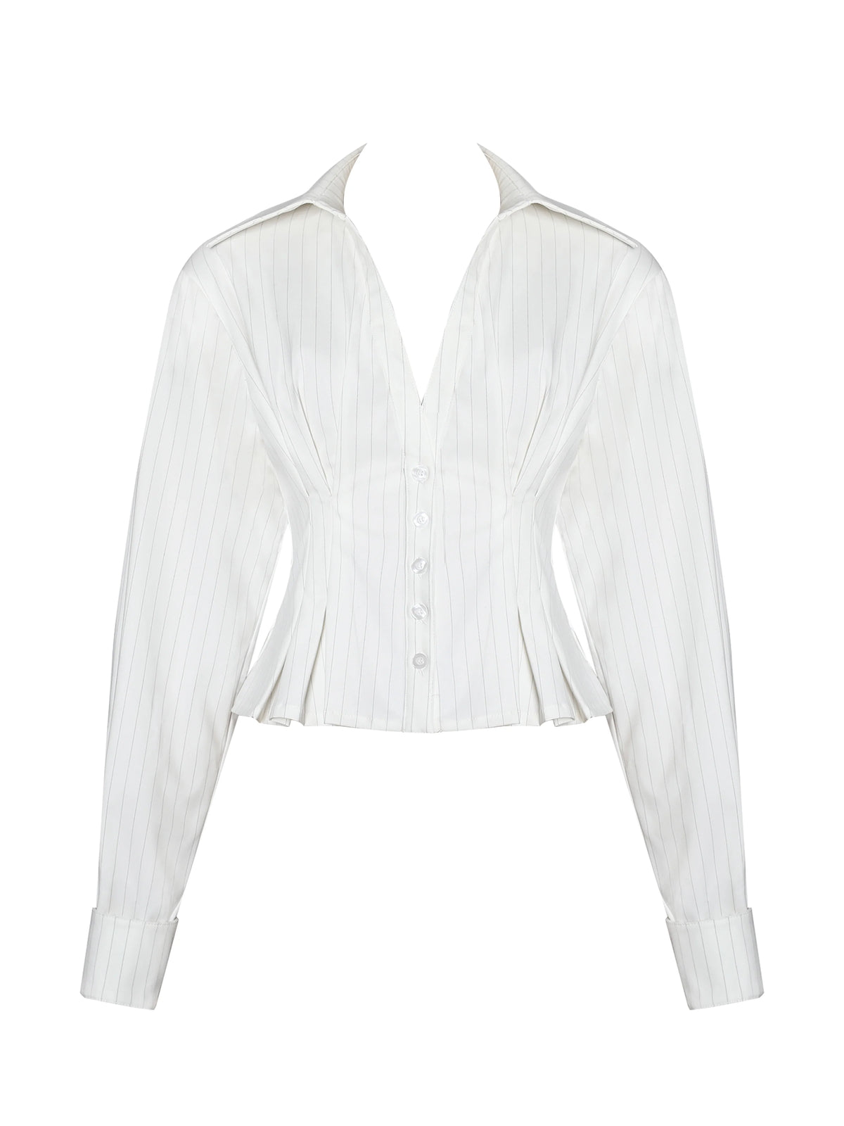 Sylvia White Pinstripe Deep V Pleated Shirt