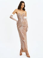 Quinci Apricot Beaded Sequin Sweetheart Maxi Dress