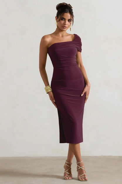 Hawaii Plum Asymmetric One Shoulder Split Midi Dress
