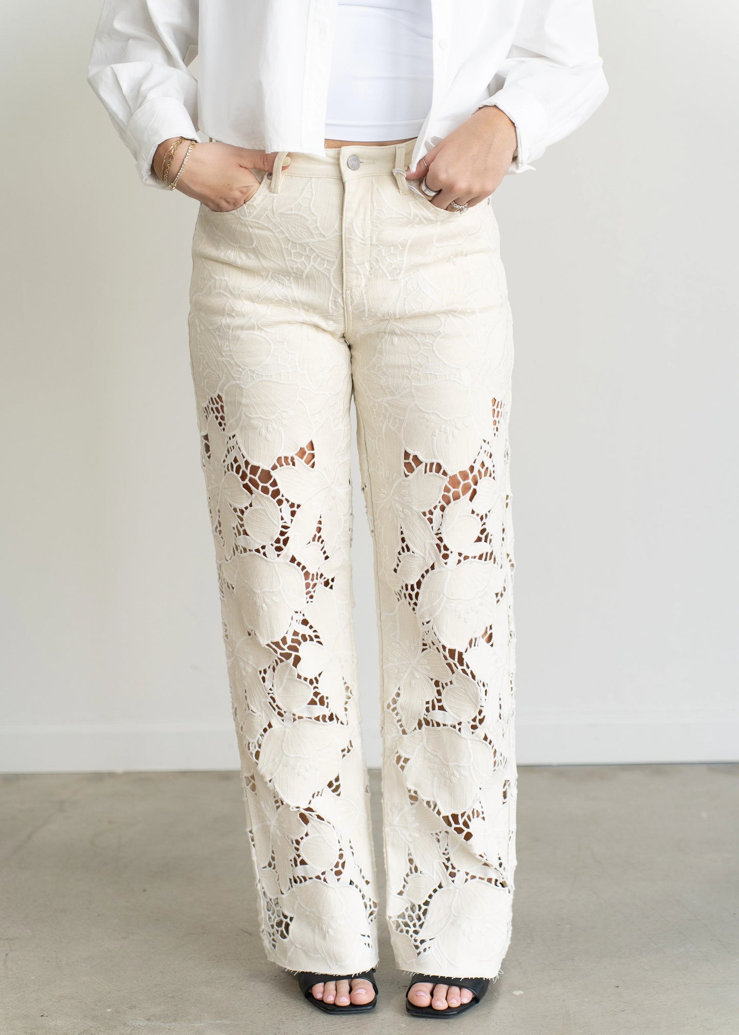 Shia Lace Detail Jeans Beige