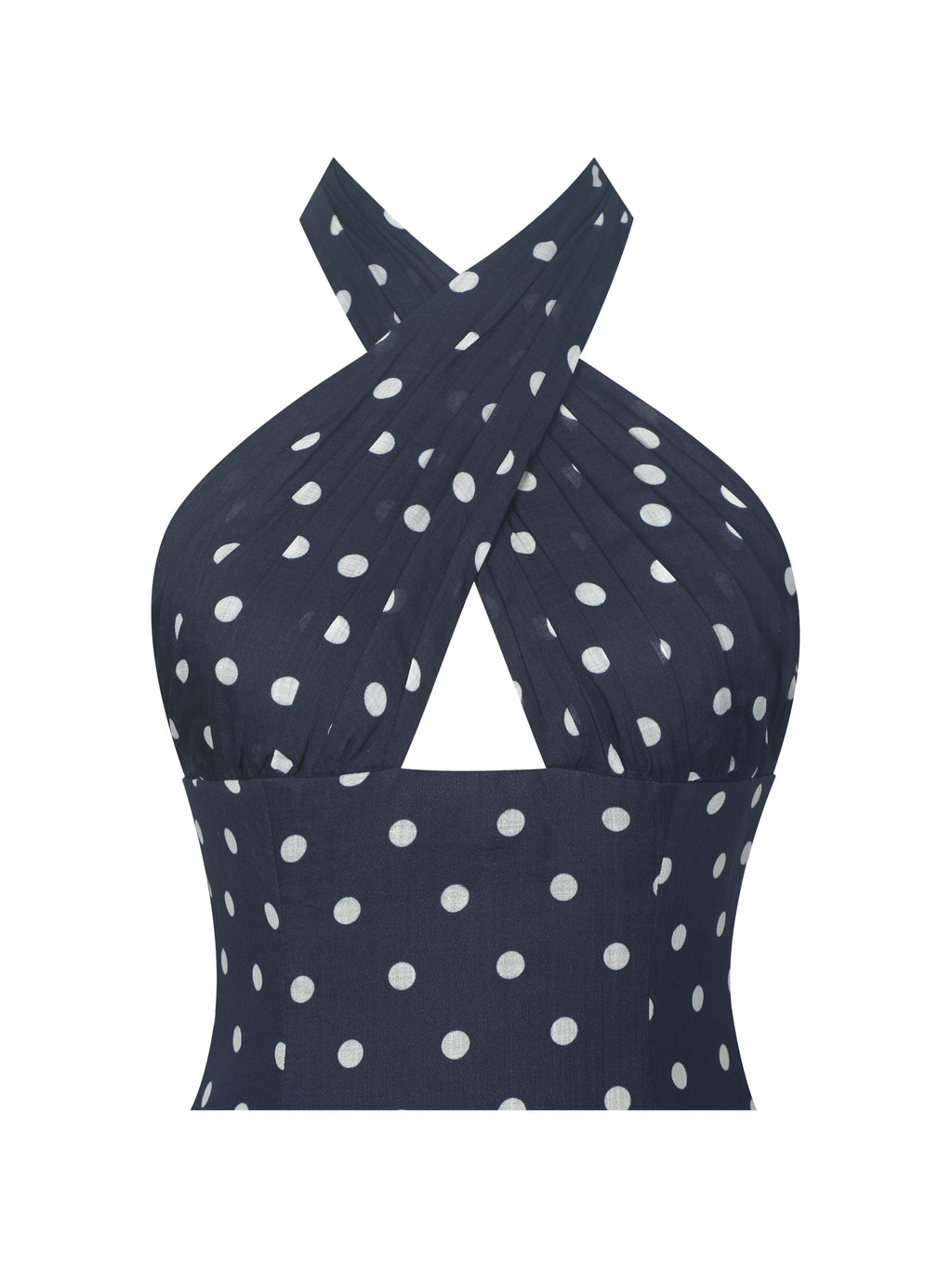 Nuri Navy Polka Dot Ramie Crossover Halter A Line Midi Dress