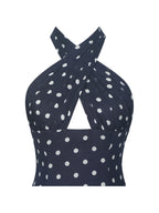 Nuri Navy Polka Dot Ramie Crossover Halter A Line Midi Dress