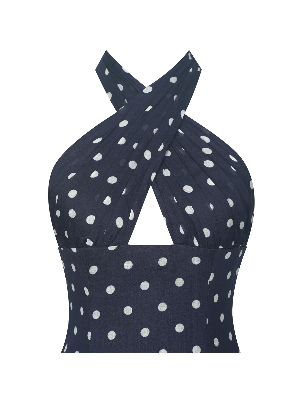 Nuri Navy Polka Dot Ramie Crossover Halter A Line Midi Dress