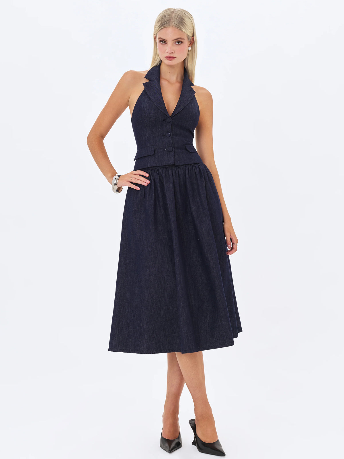 Mavis Indigo Denim Halter Single Breasted Lapel Top