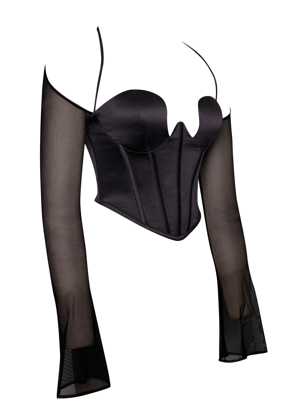 Pixie Black Mesh Sleeve Halter Corset Satin Top Archive Sale