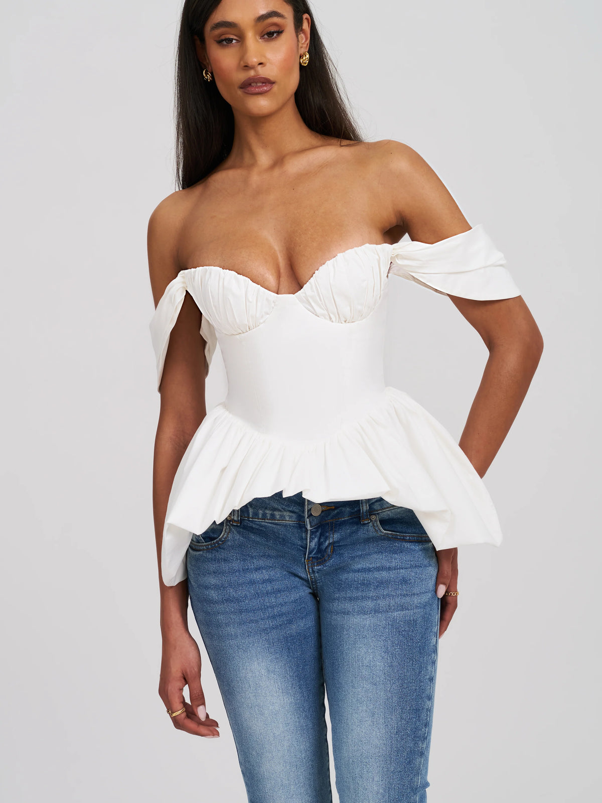 Qistina White Off shoulder Bubble Hem Peplum Cotton Top