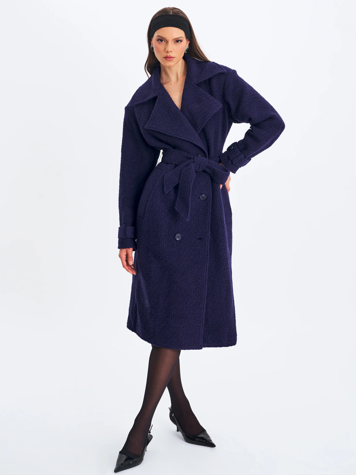 Jaelyn Midnight Blue Wool Blend Double Breasted Belted Coat
