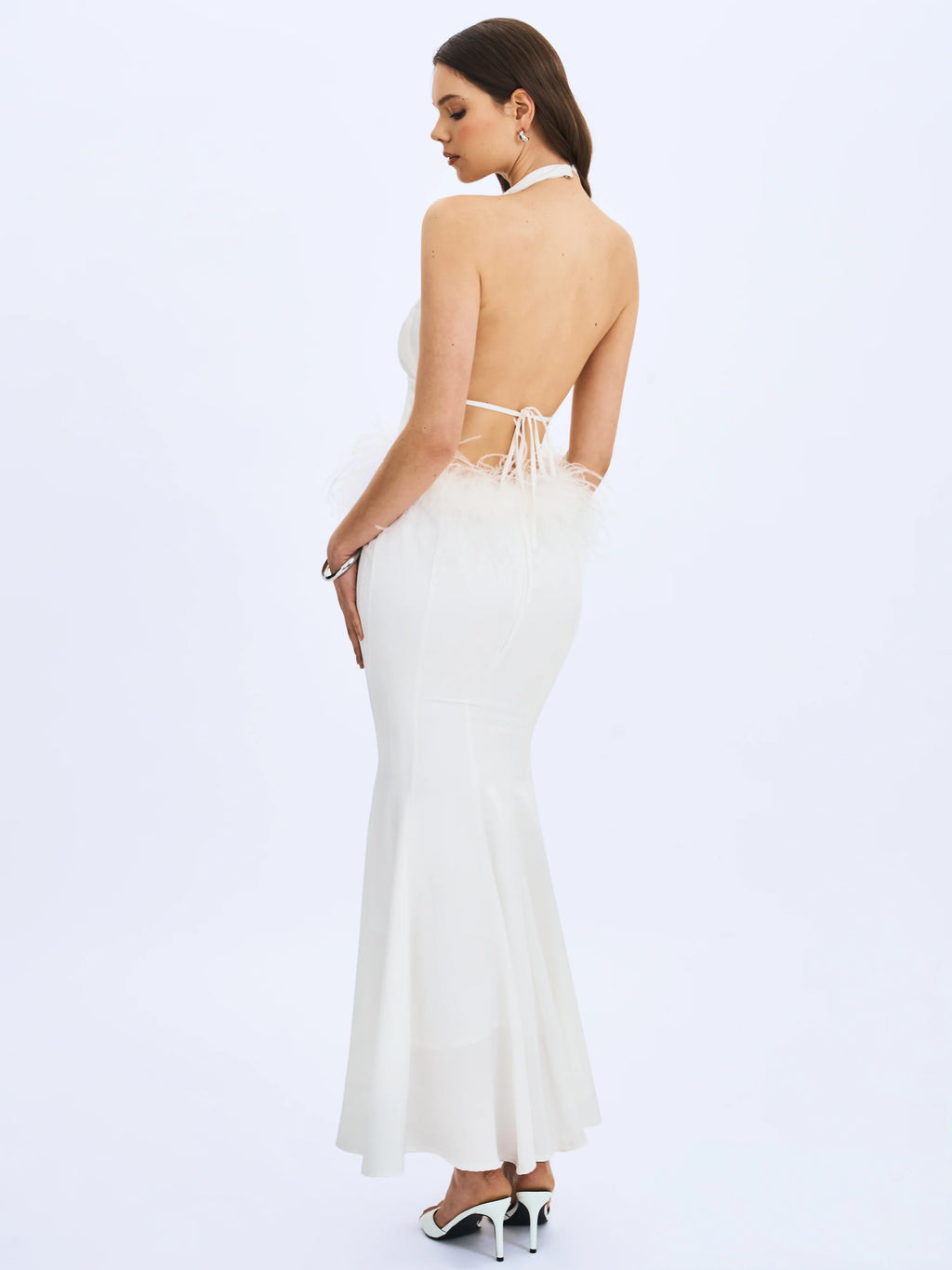 Solene Pleated Halter Backless Feather Trim Maxi Dress