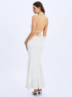 Solene Pleated Halter Backless Feather Trim Maxi Dress