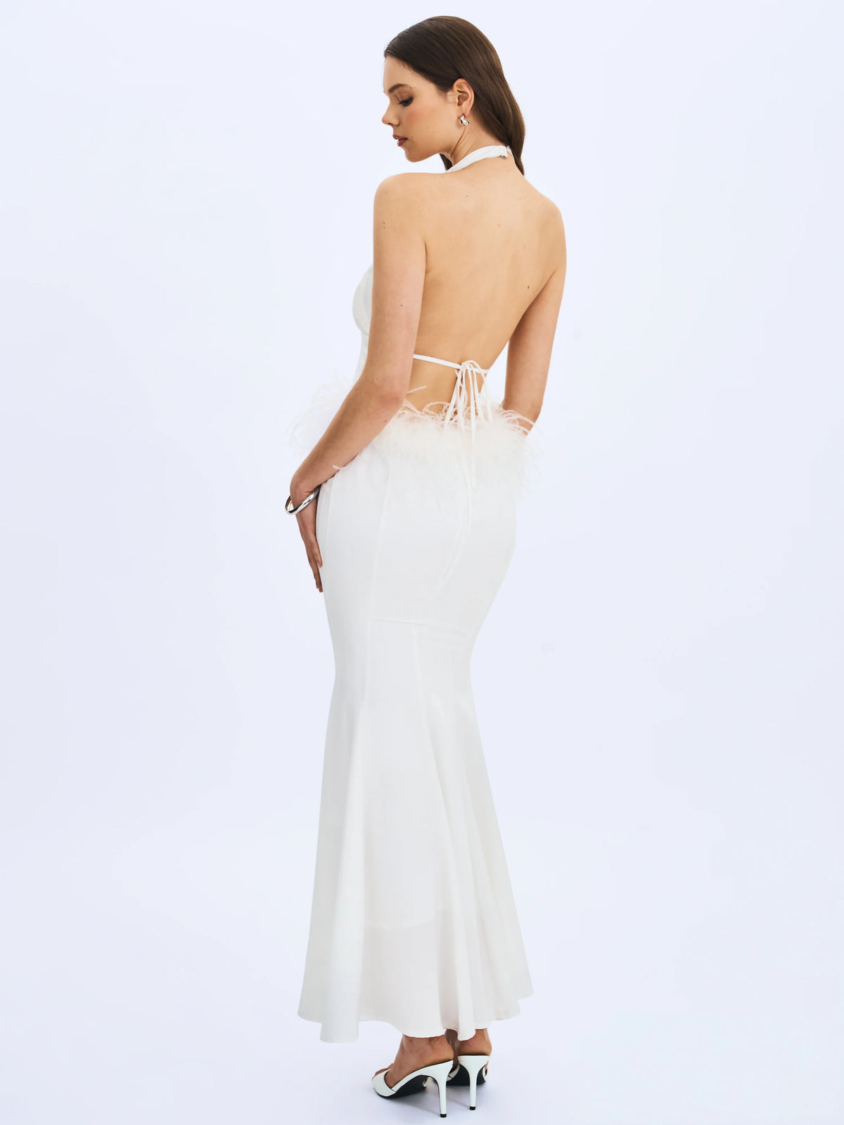 Solene Pleated Halter Backless Feather Trim Maxi Dress