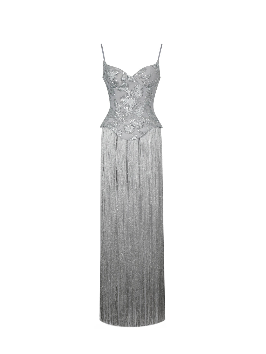 Olisa Silver Beaded Peplum Tassel Maxi Dress
