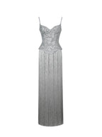 Olisa Silver Beaded Peplum Tassel Maxi Dress