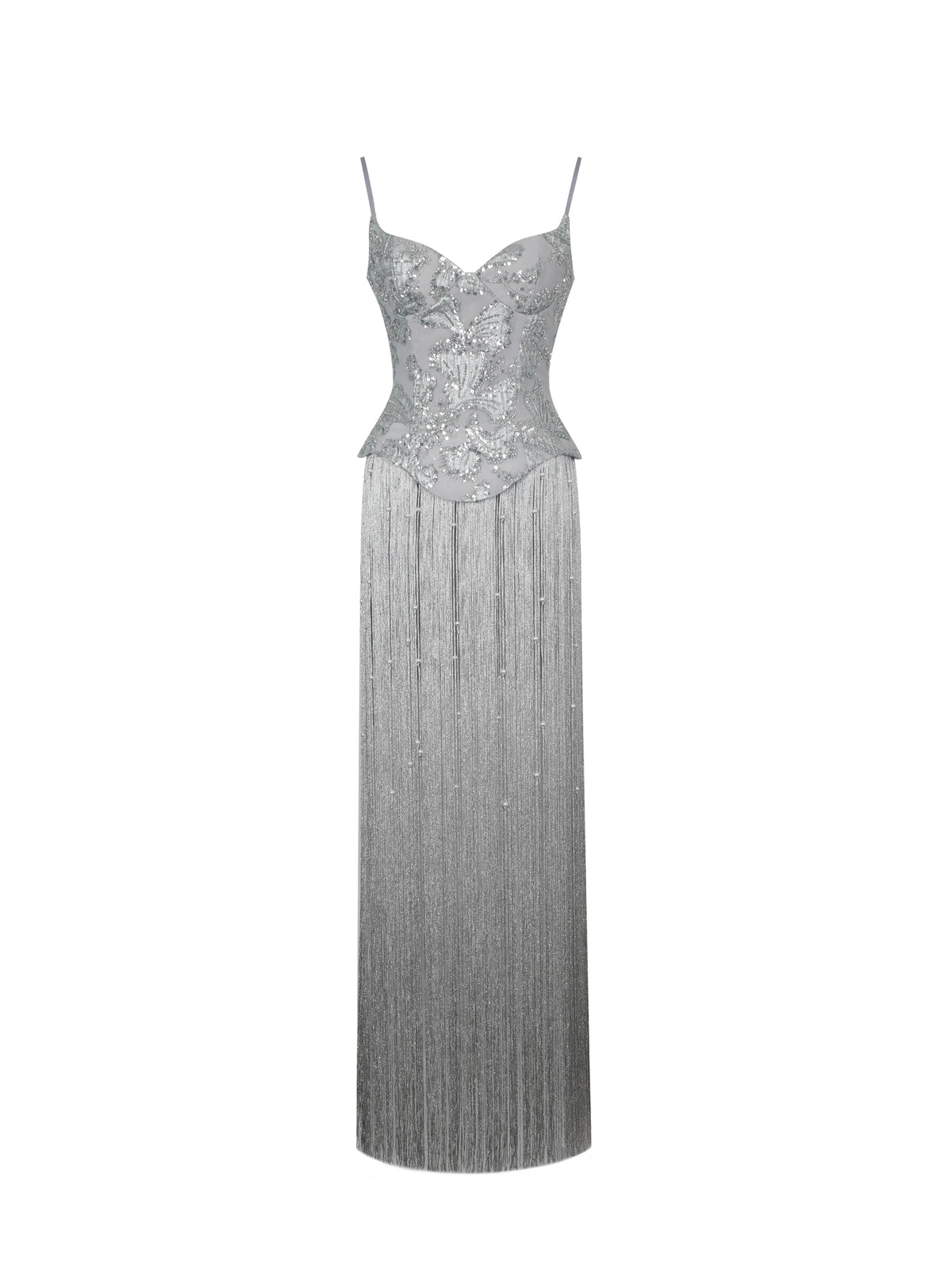 Olisa Silver Beaded Peplum Tassel Maxi Dress