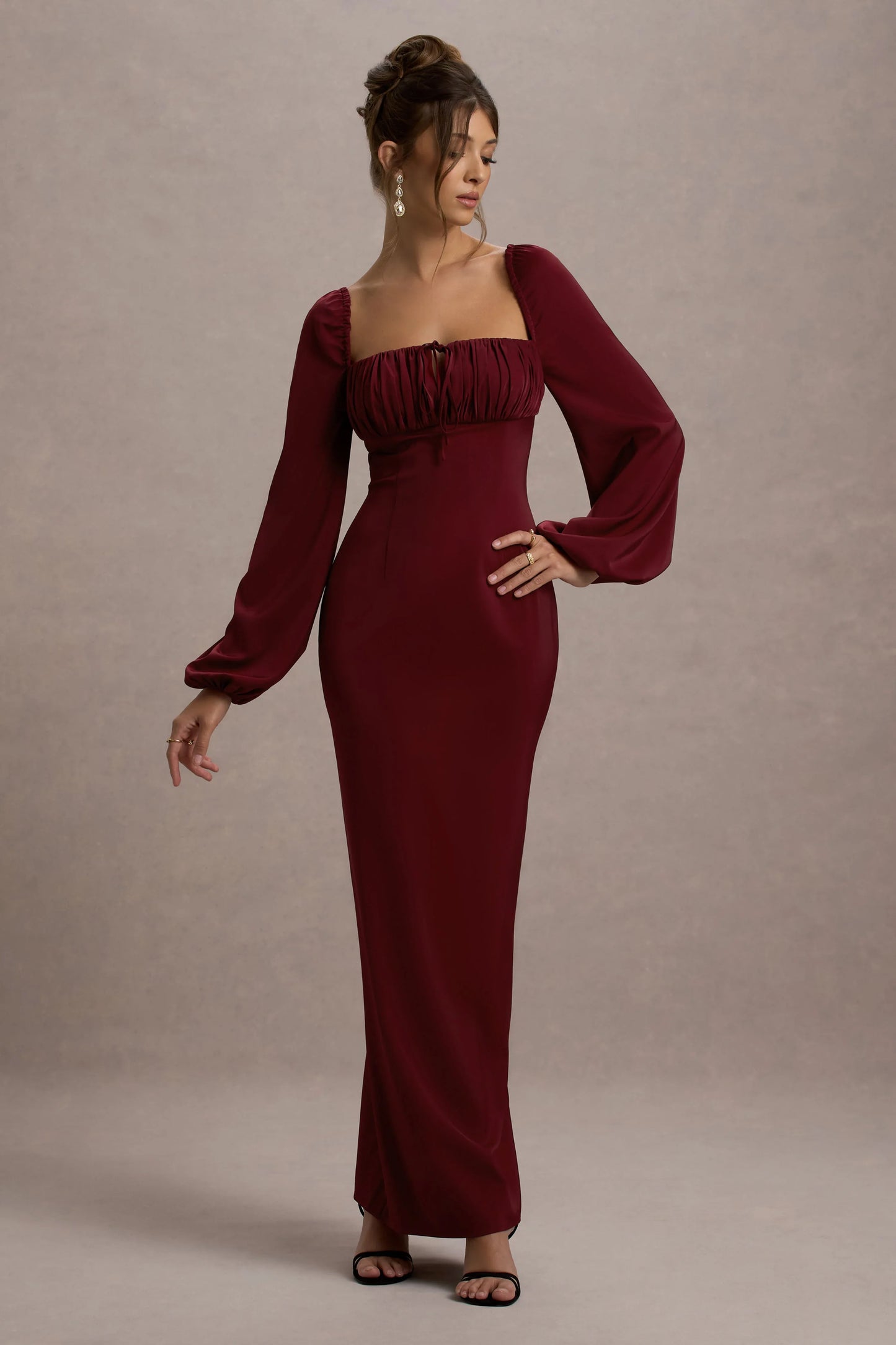 Nika Berry Satin Square Neck Balloon Sleeve Maxi Dress